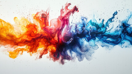 A vibrant explosion of color erupts, a chaotic symphony of crimson, sapphire, and emerald, captured in a burst of motion on a stark white backdrop 