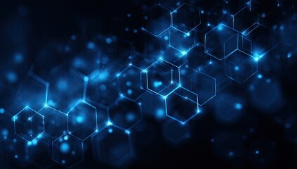 Abstract blue hexagonal network glowing in dark background (1)