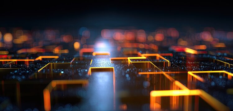 Glowing orange lines on dark, cube-shaped surface - Powered by Adobe