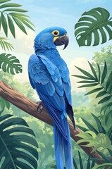 Obraz premium Flat vector illustration of a hyacinth macaw perched on a tropical branch with rainforest leaves 