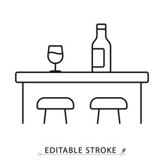 Bar line icon with editable stroke. Vector outline of counter table with stools, wine bottle and glass. Minimal symbol for pub, lounge, nightlife, drinks, alcohol, restaurant and hospitality design.