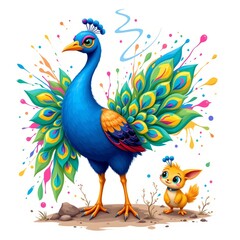 a adventurous peacock with a pet sidekick, in a vibrant cartoon style with paint splashes on a white background.