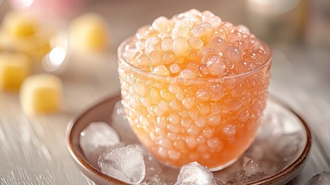 Pink, edible pearls in a glass bowl
