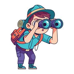 Adventurer&rsquo;s Expedition: An illustration of a young explorer, hat and backpack in tow, intently using binoculars to scan the horizon, ready for a thrilling adventure