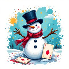 a imaginative snowman playing cards, in a vibrant cartoon style with paint splashes on a white background.