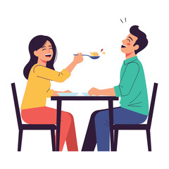 Joyful Feeding: A cheerful woman feeds her companion, fostering intimacy and capturing a moment of everyday contentment, set against a backdrop of a simple table.