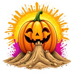 a radiant pumpkin building a sandcastle, in a vibrant cartoon style with paint splashes on a white background.