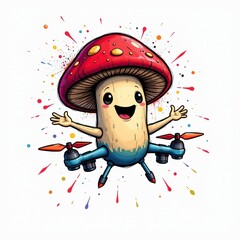 a friendly talking mushroom flying a drone, in a vibrant cartoon style with paint splashes on a white background.