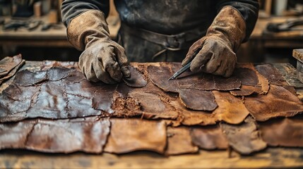 Skilled artisan meticulously inspecting and marking leather hides