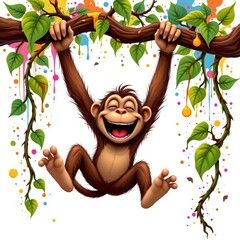 a laughing monk swinging on vines, in a vibrant cartoon style with paint splashes on a white background.