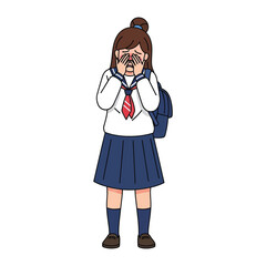 Melancholic Schoolgirl: A distraught schoolgirl, dressed in a classic uniform, conceals her face, portraying vulnerability, loneliness, and a poignant expression of despair. 