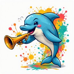 a mischievous dolphin blowing a trumpet, in a vibrant cartoon style with paint splashes on a white background.