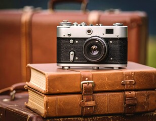 Vintage camera on leather-bound books near suitcases