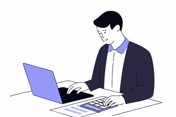 Man typing financial reports on laptop with paperwork vector illustration