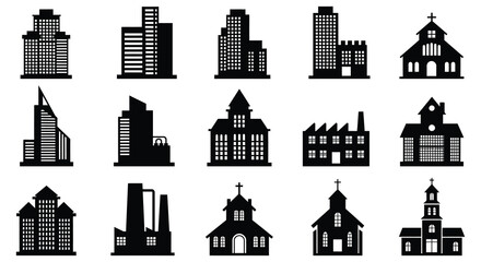 Obraz premium Collection of various city buildings and churches in black silhouette on white background