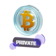 3D render of a golden Bitcoin symbol inside a clear disc, with a 'PRIVATE' button and abstract purple elements.