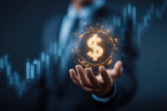 Glowing dollar sign in businessman's hand, stock market graph backdrop - Powered by Adobe