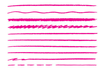 Line crayon pencil underline color set. Hand drawn colorful brush, chalk and marker stroke in sketchy kid art style. Rough crayon pencil texture highlight divider element. Vector illustration