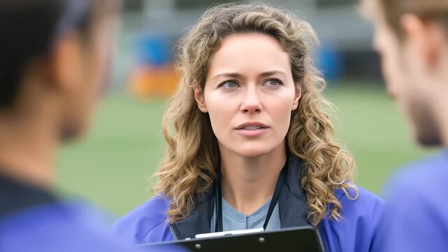 Inspirational female coach guides her team to triumph, symbolizing leadership, empowerment, motivation, teamwork and winning spirit