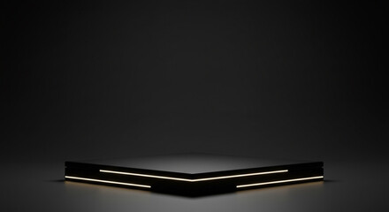 An elegant, minimalist black stage illuminated with subtle lighting, creating a perfect backdrop for product presentation or showcasing an object, emphasizing sophistication.