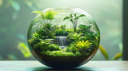 Miniature terrarium with lush greenery and a miniature waterfall