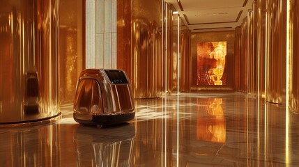 Luxury gold corridor with cleaning robot