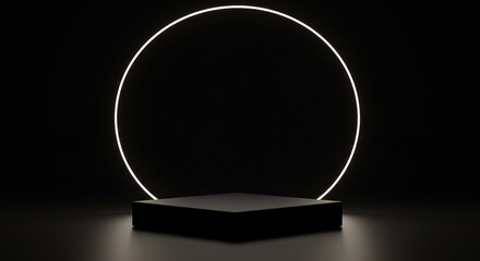 A minimalist studio setup features a dark, geometric platform illuminated by a glowing circular light, creating a dramatic and visually striking presentation space.