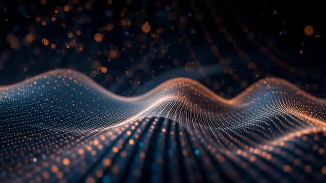 A mesmerizing abstract landscape of flowing lines and glowing particles in shades of blue and orange, set against a dark background.