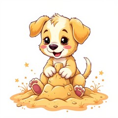 Obraz premium a gentle puppy building a sandcastle, in a cheerful kids illustration style with splashy colors on white background.