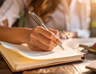 close up of a woman writing on a notebook
