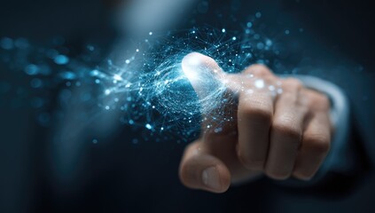 Fingertip interacts with a glowing, networked digital sphere