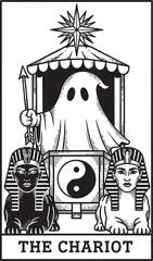 Naklejka premium Cute ghost on The Chariot tarot card with yin yang symbol and sphinxes – vector illustration