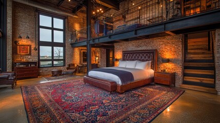 Luxurious loft bedroom with exposed brick and large windows