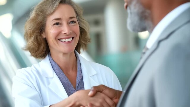 A doctor and pharmaceutical rep exchange a professional handshake in a hospital setting, representing healthcare collaboration, medical partnership, professionalism, trust and pharmaceutical industry 