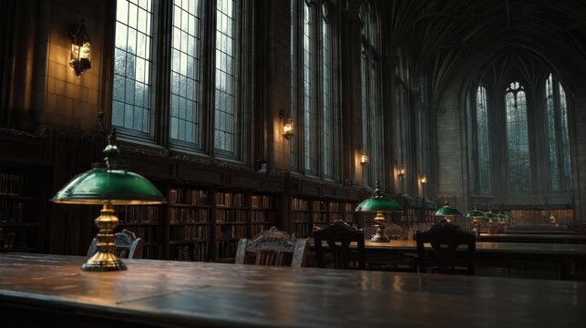 Ornate library interior with dark wood tables, green lamps, and tall arched windows - Powered by Adobe