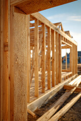Framing a New Home: Wooden Structure against a blue sky. Foundation and studs define the future space.
