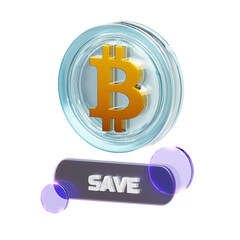 3D render of a Bitcoin coin symbol floating above a 'SAVE' button with purple light effects.