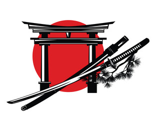 traditional japanese katana blade and pine tree branch against red sun circle and torii gate - samurai sword with scabbard vector design