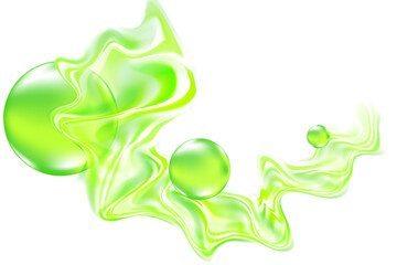 Futuristic fresh green neon glowing glass flowing wave form, iridescent holographic water bubbles splash isolated design element, transparent background. Liquid abstract geometric shape decoration.