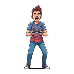 Gamer's Joy: A cartoon boy stands and smiles, he is totally absorbed in the game with a controller in hand. it perfectly captures the moment of victory in gaming world.
