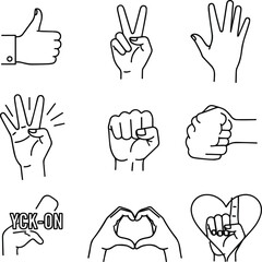 Isolated a Hand gesture line icon set. pictograms of thumbs up, peace sign, high five, fist bump, rock on, heart shape for communication, expressions, finger actions. vector art silhouette.
