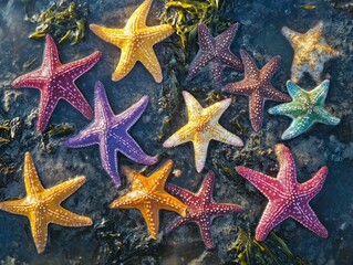A group of colorful starfish scattered across a shallow tide pool, glowing under the sunlight