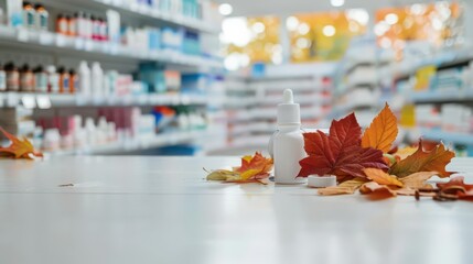 Autumn pharmacy counter with medicine bottle and colorful leaves. Horizontal banner. Copy space. Template, mock-up for pharmacy, drug store, cosmetics store