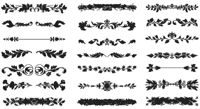 Collection of ornate black floral borders and dividers on white background