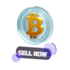 A 3D rendered illustration featuring a golden Bitcoin symbol encased in a clear coin, positioned above a 'SELL NOW' button with purple accents, on a white background.