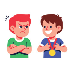 Envy and Triumph: Illustrative depiction of rivalry between two young boys capturing the essence of rivalry. One displays envious anger, the other boasts medal