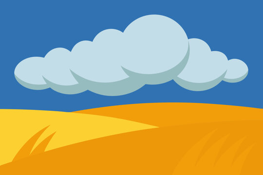Stylized vector illustration of rolling storm clouds over golden wheat fields under a blue sky