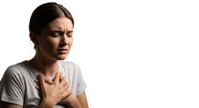 Woman Experiencing Chest Pain Isolated on White Background - Powered by Adobe