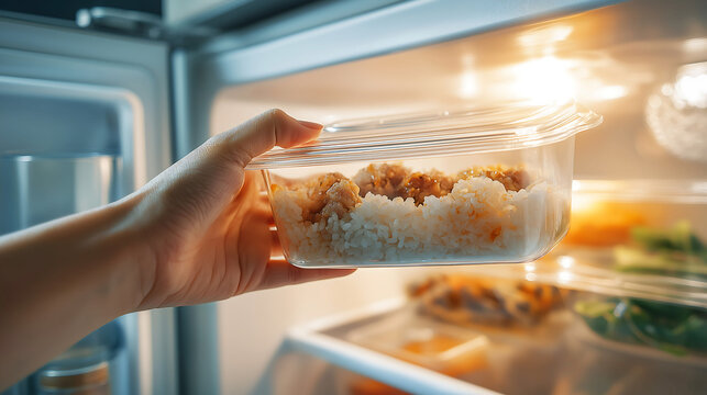 Close up of woman hand taking a plastic food with rice and meat container out of refrigerator