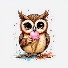Naklejka premium a joyful owl eating an ice cream, drawn in a playful watercolor splash style on a clean white backdrop.